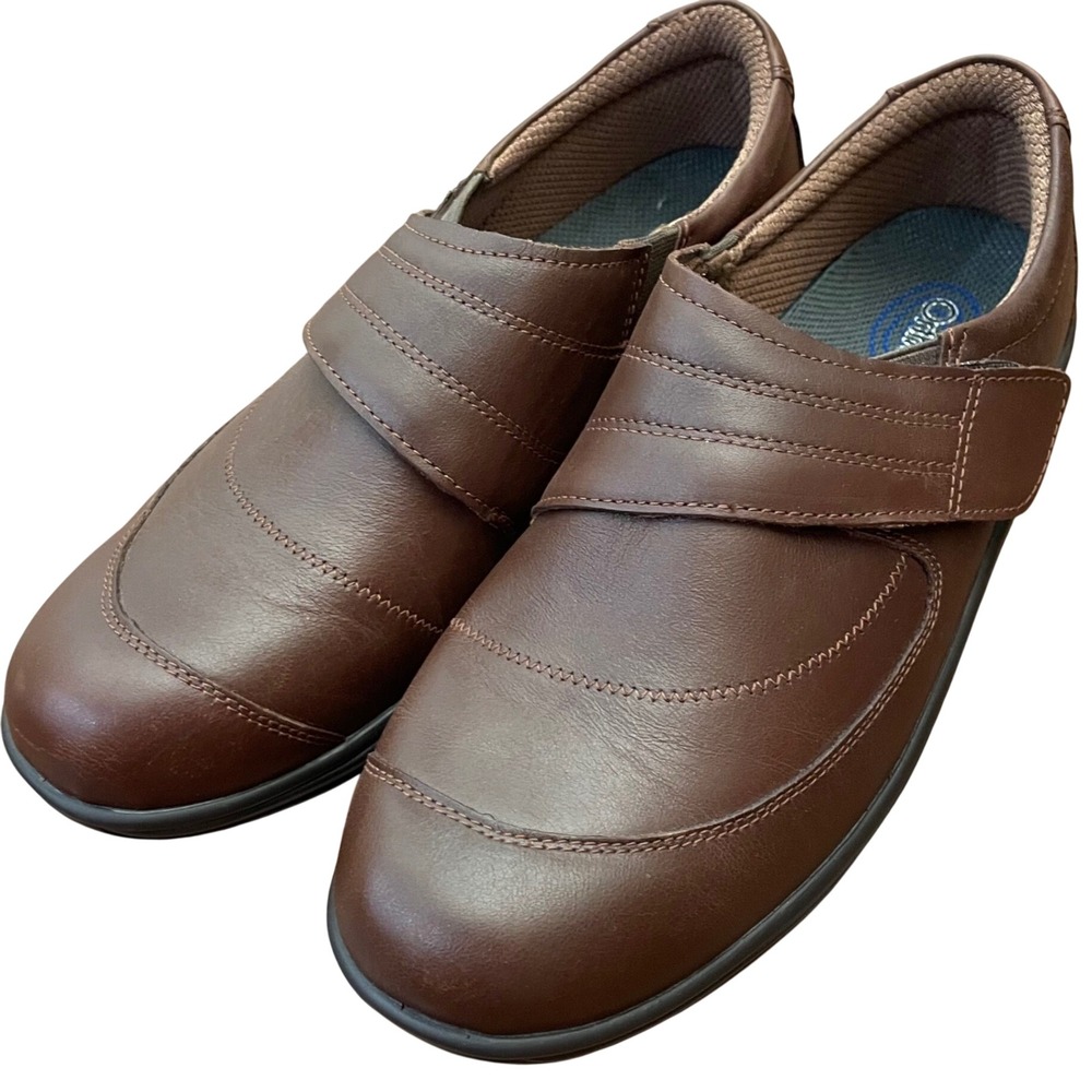 OrthoFeet Loafers Womens Brown Leather Hook Loop Strap Slip On 73031 Size 10
